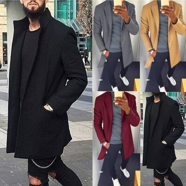 Men's Wool Coat Winter Warm Trench Coat Outwear Overcoat Long Sleeve Jacket 